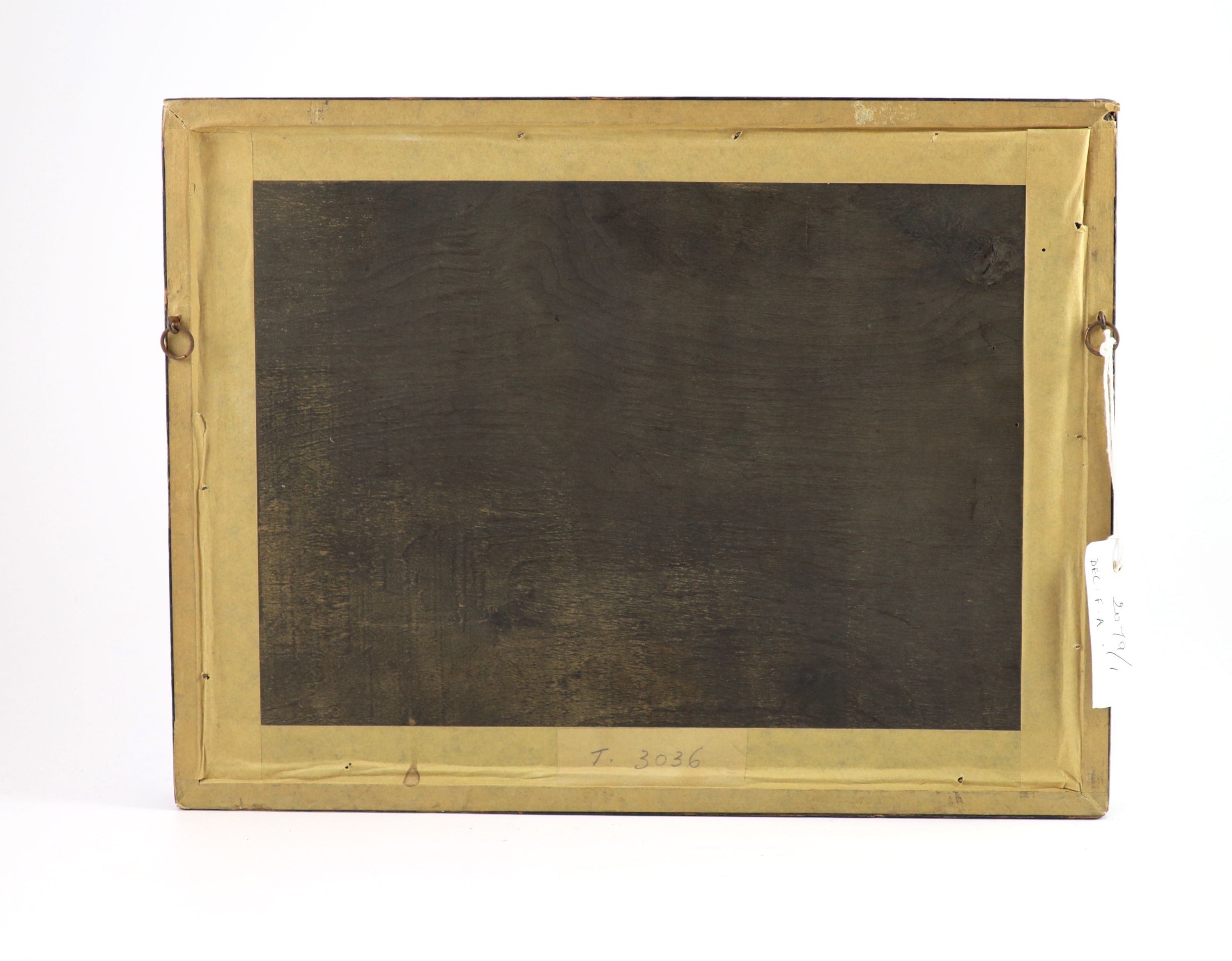 A 17th century stump work panel depicting Charles I and Queen Henrietta 26 x 36cm, housed in a parcel gilt ebonised frame